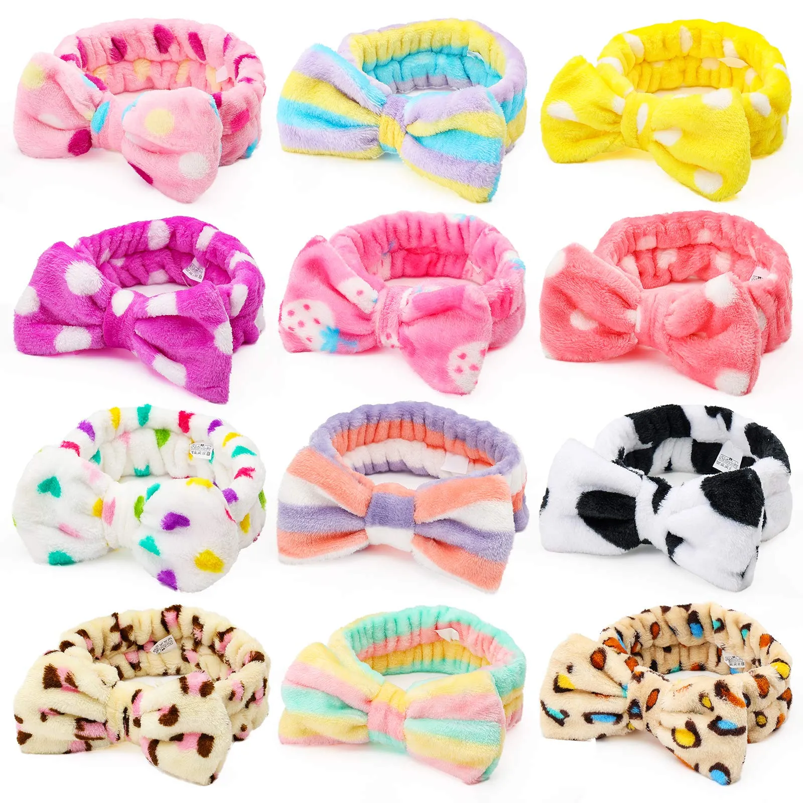 3 otters Bow Hair Band, 12PCS Fuzzy Fleece Makeup Headbands, Spa Headband for Teen Girls, Coral Skincare Head Wraps for Women