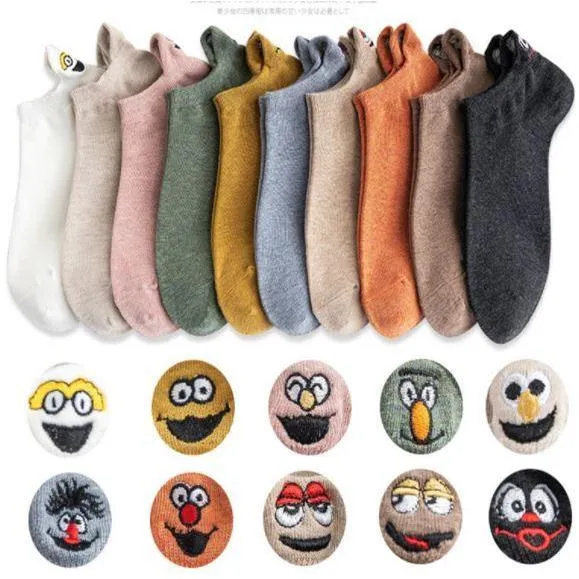 5 Pairs/Pack Embroidered Happy Mood Expressions Women Socks