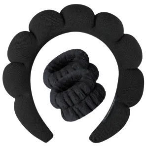 ANEESAA Spa Headband for Washing Face Wristband Set Sponge Makeup Skincare, Terry Cloth Bubble Soft Get Ready Hairband for Women Girl Puffy Padded Headwear Thick Hair Accessory (Black)