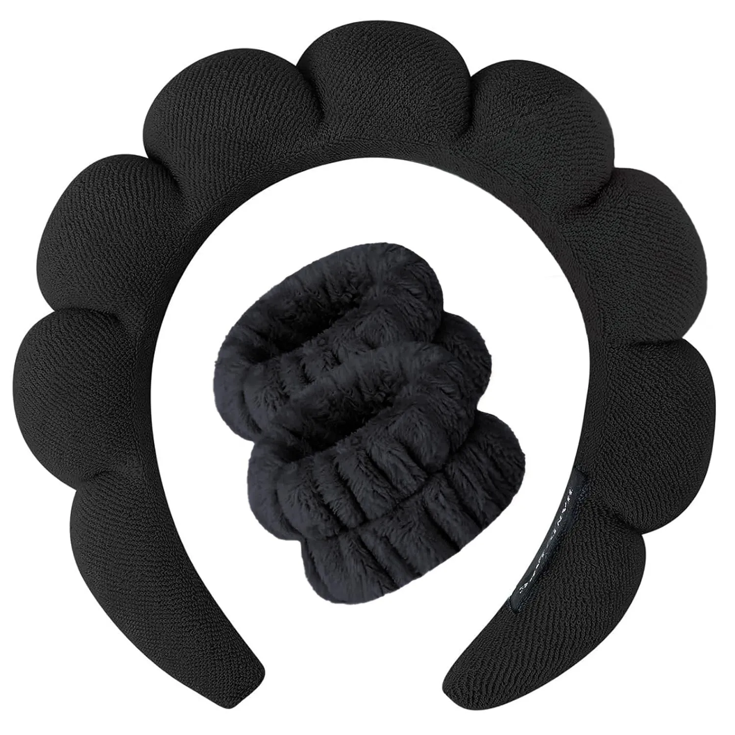 ANEESAA Spa Headband for Washing Face Wristband Set Sponge Makeup Skincare, Terry Cloth Bubble Soft Get Ready Hairband for Women Girl Puffy Padded Headwear Thick Hair Accessory (Black)