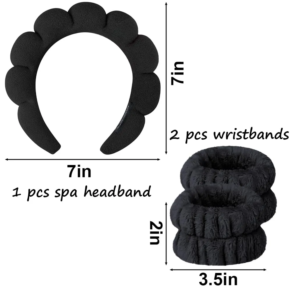 ANEESAA Spa Headband for Washing Face Wristband Set Sponge Makeup Skincare, Terry Cloth Bubble Soft Get Ready Hairband for Women Girl Puffy Padded Headwear Thick Hair Accessory (Black)