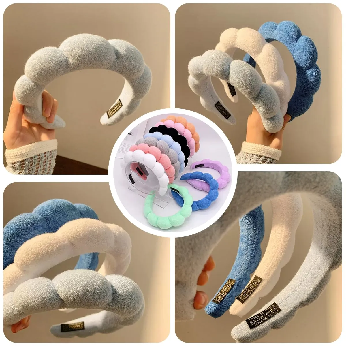 ANEESAA Spa Headband for Washing Face Wristband Set Sponge Makeup Skincare, Terry Cloth Bubble Soft Get Ready Hairband for Women Girl Puffy Padded Headwear Thick Hair Accessory (White)