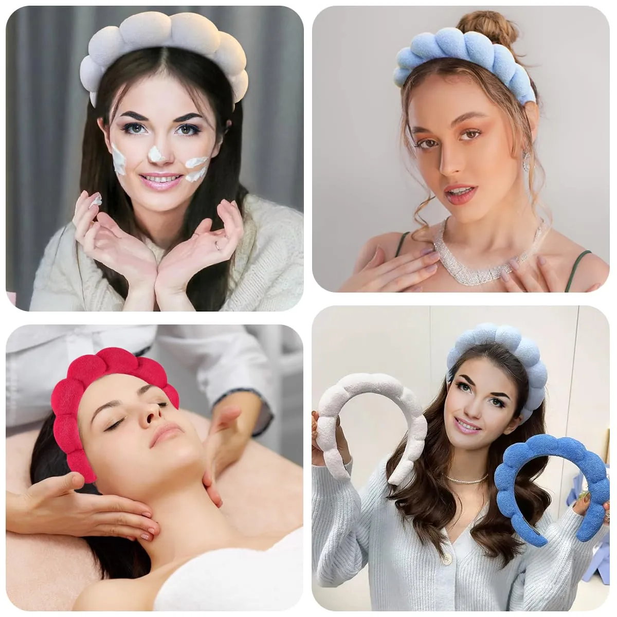 ANEESAA Spa Headband for Washing Face Wristband Set Sponge Makeup Skincare, Terry Cloth Bubble Soft Get Ready Hairband for Women Girl Puffy Padded Headwear Thick Hair Accessory (White)