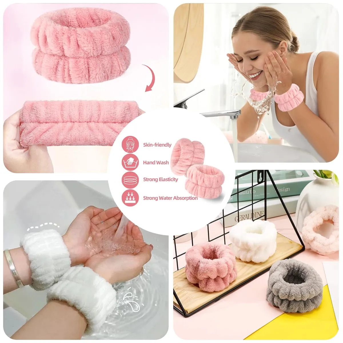 ANEESAA Spa Headband for Washing Face Wristband Set Sponge Makeup Skincare, Terry Cloth Bubble Soft Get Ready Hairband for Women Girl Puffy Padded Headwear Thick Hair Accessory (White)