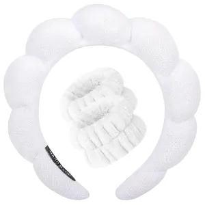 ANEESAA Spa Headband for Washing Face Wristband Set Sponge Makeup Skincare, Terry Cloth Bubble Soft Get Ready Hairband for Women Girl Puffy Padded Headwear Thick Hair Accessory (White)