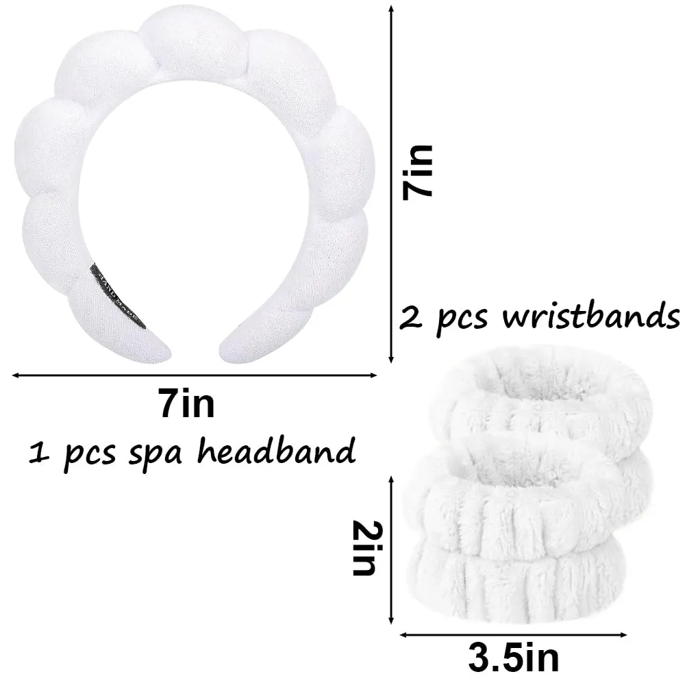 ANEESAA Spa Headband for Washing Face Wristband Set Sponge Makeup Skincare, Terry Cloth Bubble Soft Get Ready Hairband for Women Girl Puffy Padded Headwear Thick Hair Accessory (White)