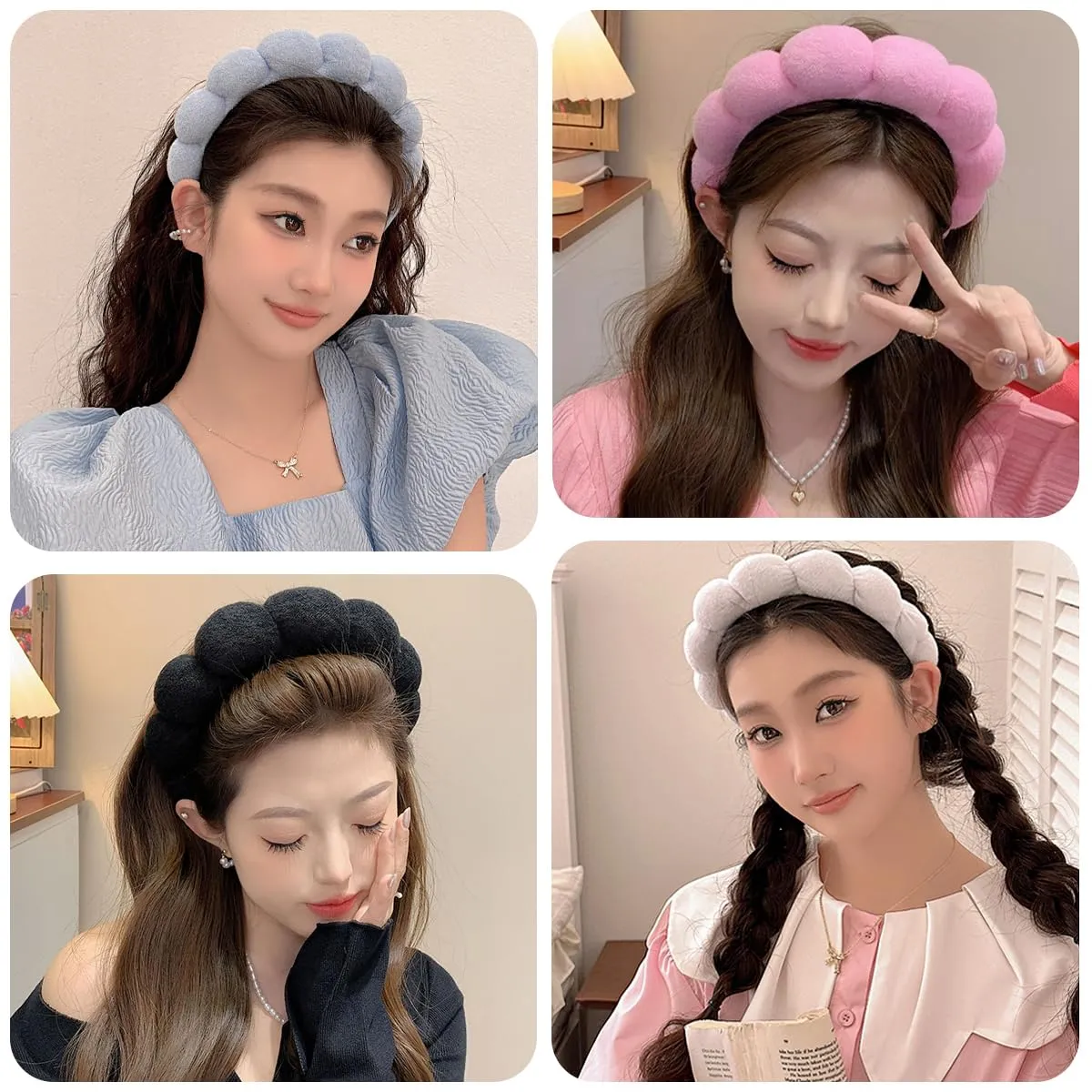 ANEESAA Spa Headband for Washing Face Wristband Set Sponge Makeup Skincare, Terry Cloth Bubble Soft Get Ready Hairband for Women Girl Puffy Padded Headwear Thick Hair Accessory (White)