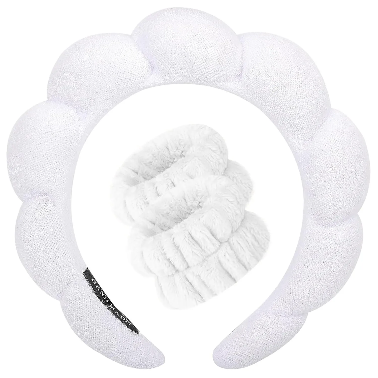 ANEESAA Spa Headband for Washing Face Wristband Set Sponge Makeup Skincare, Terry Cloth Bubble Soft Get Ready Hairband for Women Girl Puffy Padded Headwear Thick Hair Accessory (White)