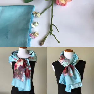 Blue 100% Silk Satin smooth soft Long double fabric  Scarf with buttons