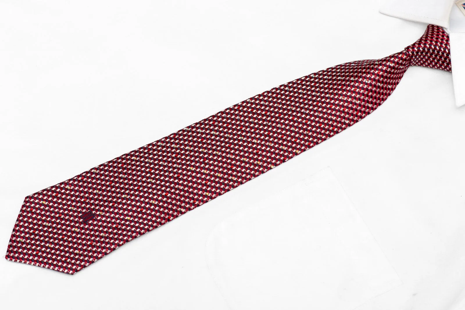 Burgundy Silver Blue Diagonal Micro Checkered Rhinestone Silk Tie With Sparkles
