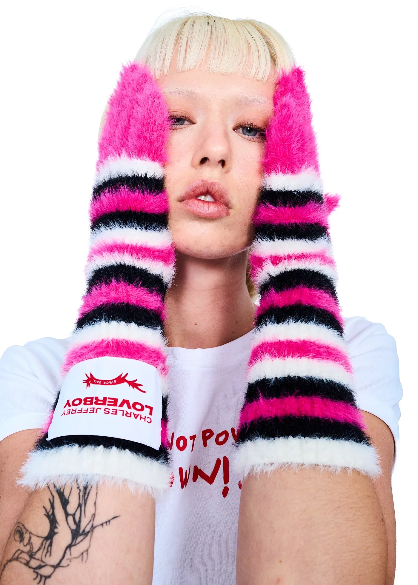Charles Jeffrey Loverboy Fluffy Striped Gloves in Pink/Black