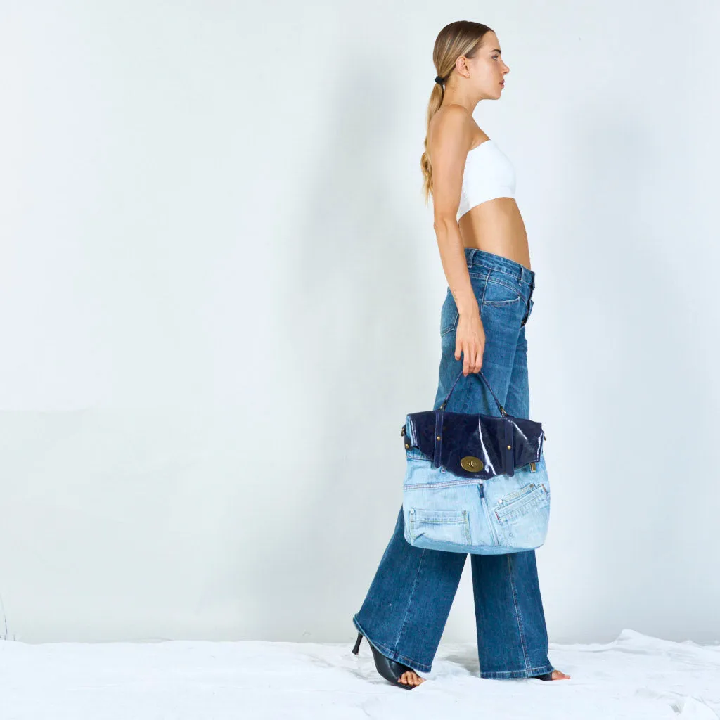 Denim and distressed leather handbags with brass hardware wholesale