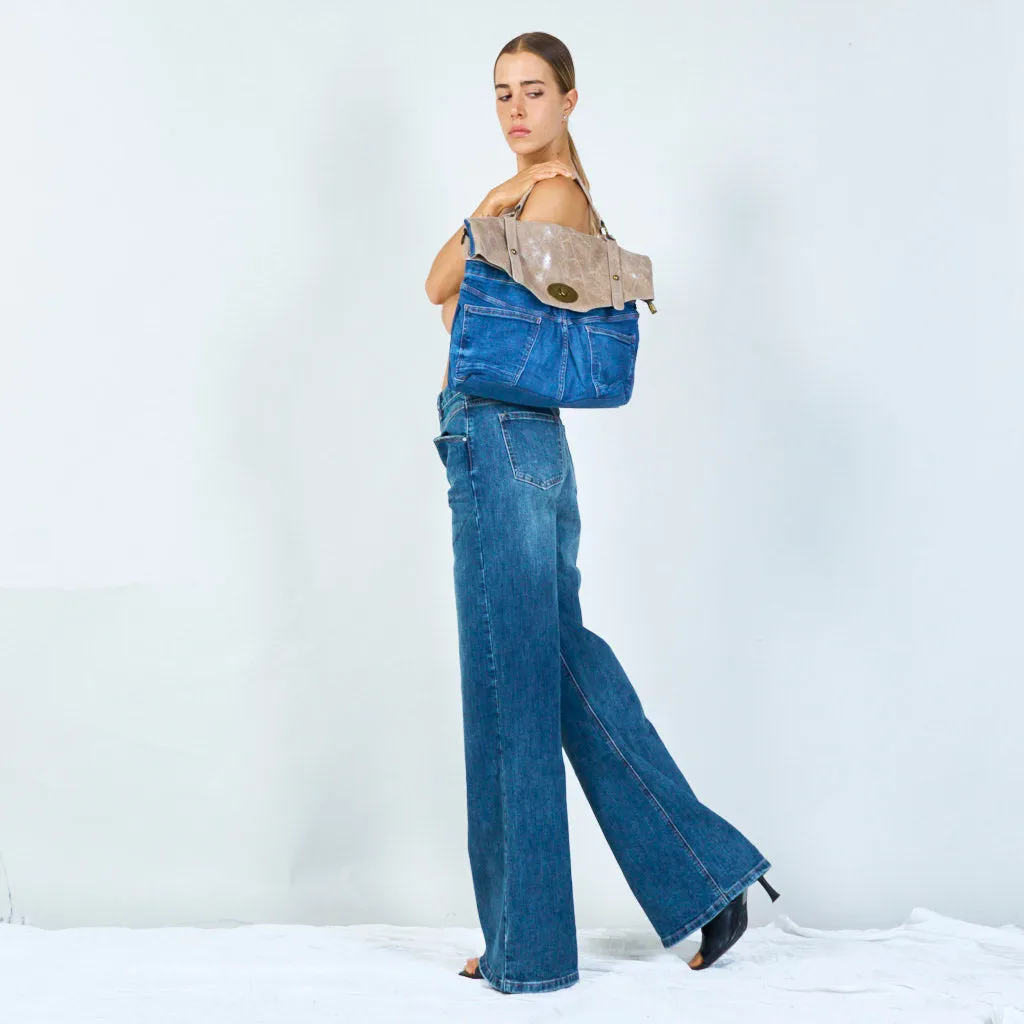 Denim and distressed leather handbags with brass hardware wholesale