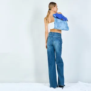 Denim and distressed leather handbags with brass hardware wholesale