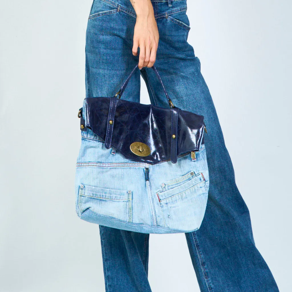Denim and distressed leather handbags with brass hardware wholesale
