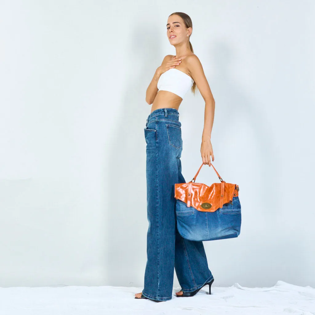 Denim and distressed leather handbags with brass hardware wholesale