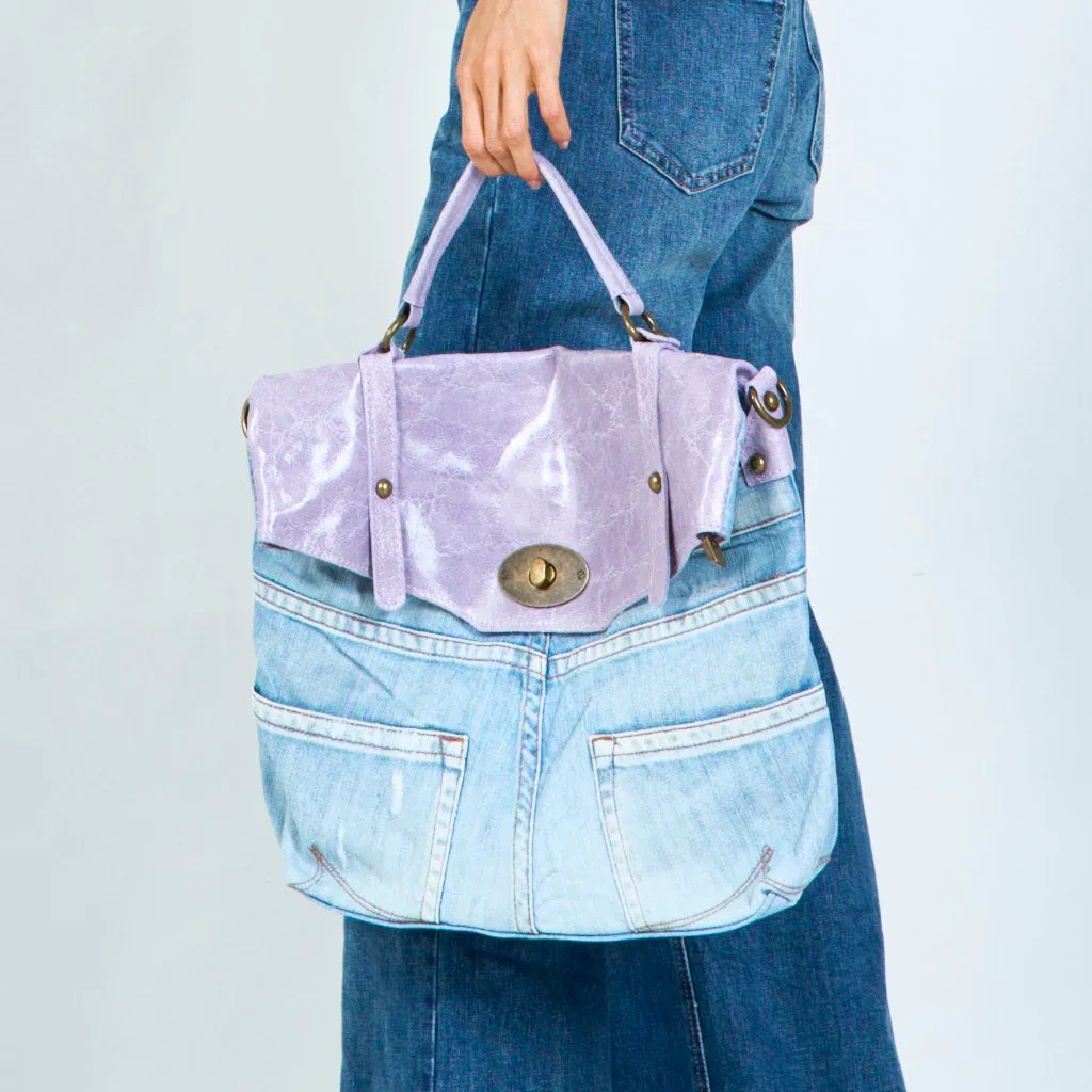 Denim and distressed leather handbags with brass hardware wholesale