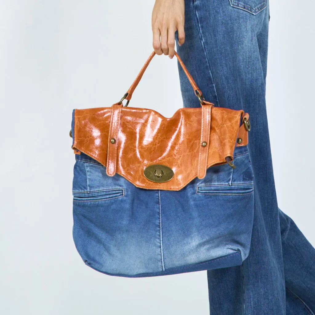 Denim and distressed leather handbags with brass hardware wholesale