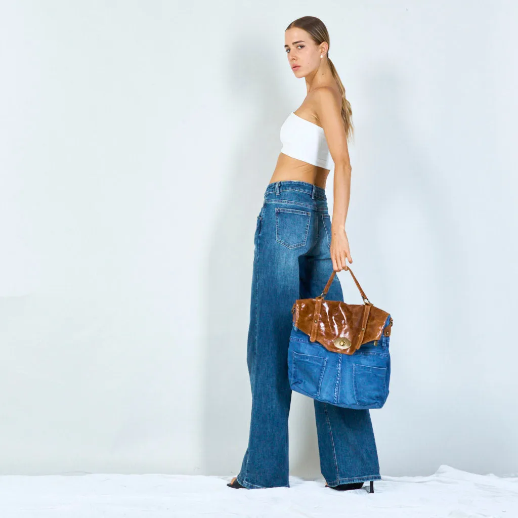 Denim and distressed leather handbags with brass hardware wholesale
