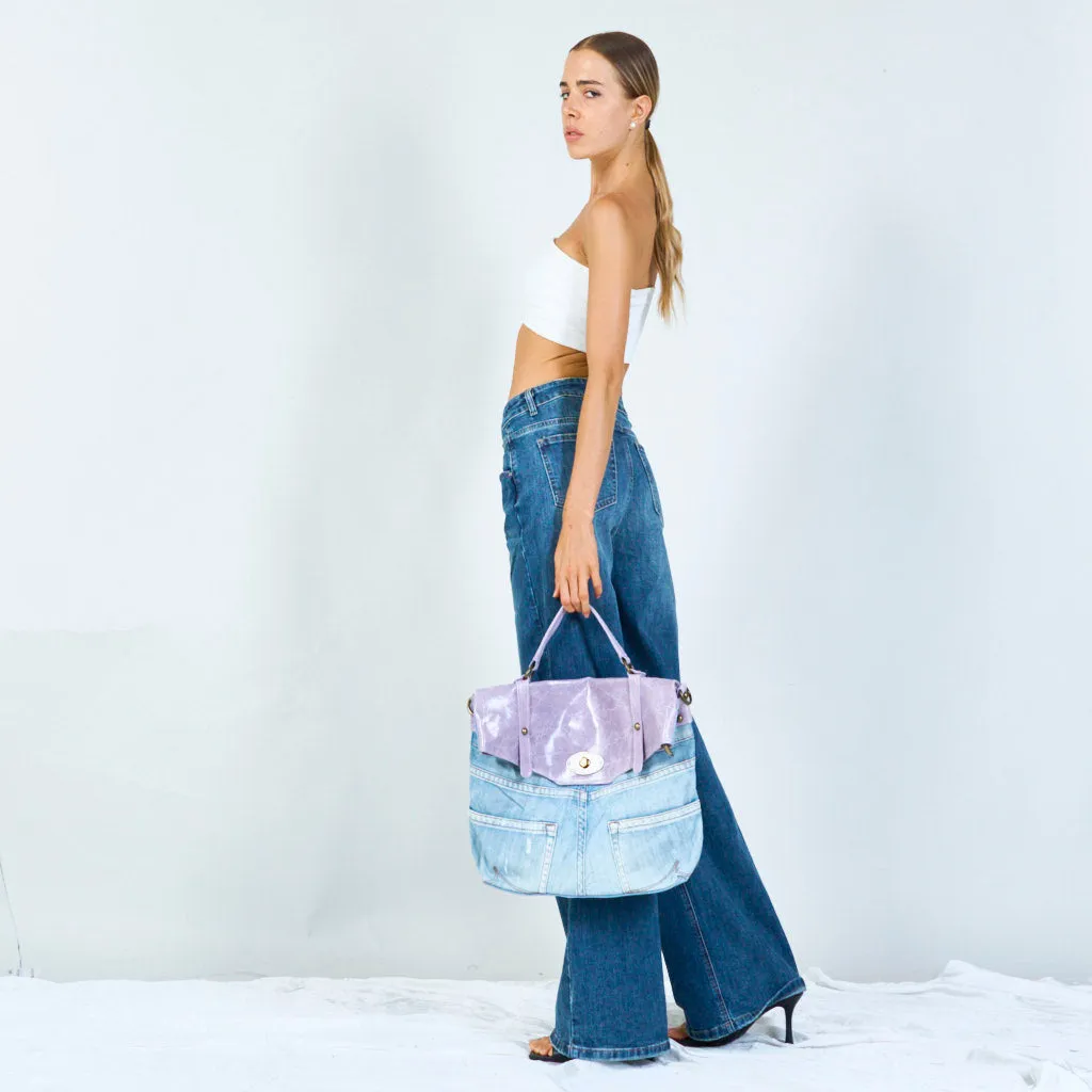 Denim and distressed leather handbags with brass hardware wholesale