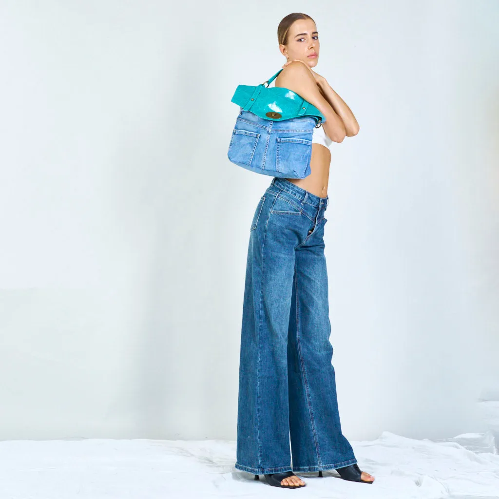 Denim and distressed leather handbags with brass hardware wholesale