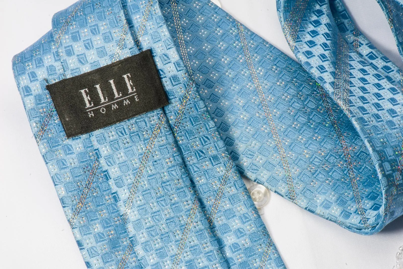 Elle Homme Men's Silk Necktie Striped Rhinestones On Blue With Silver Sparkles