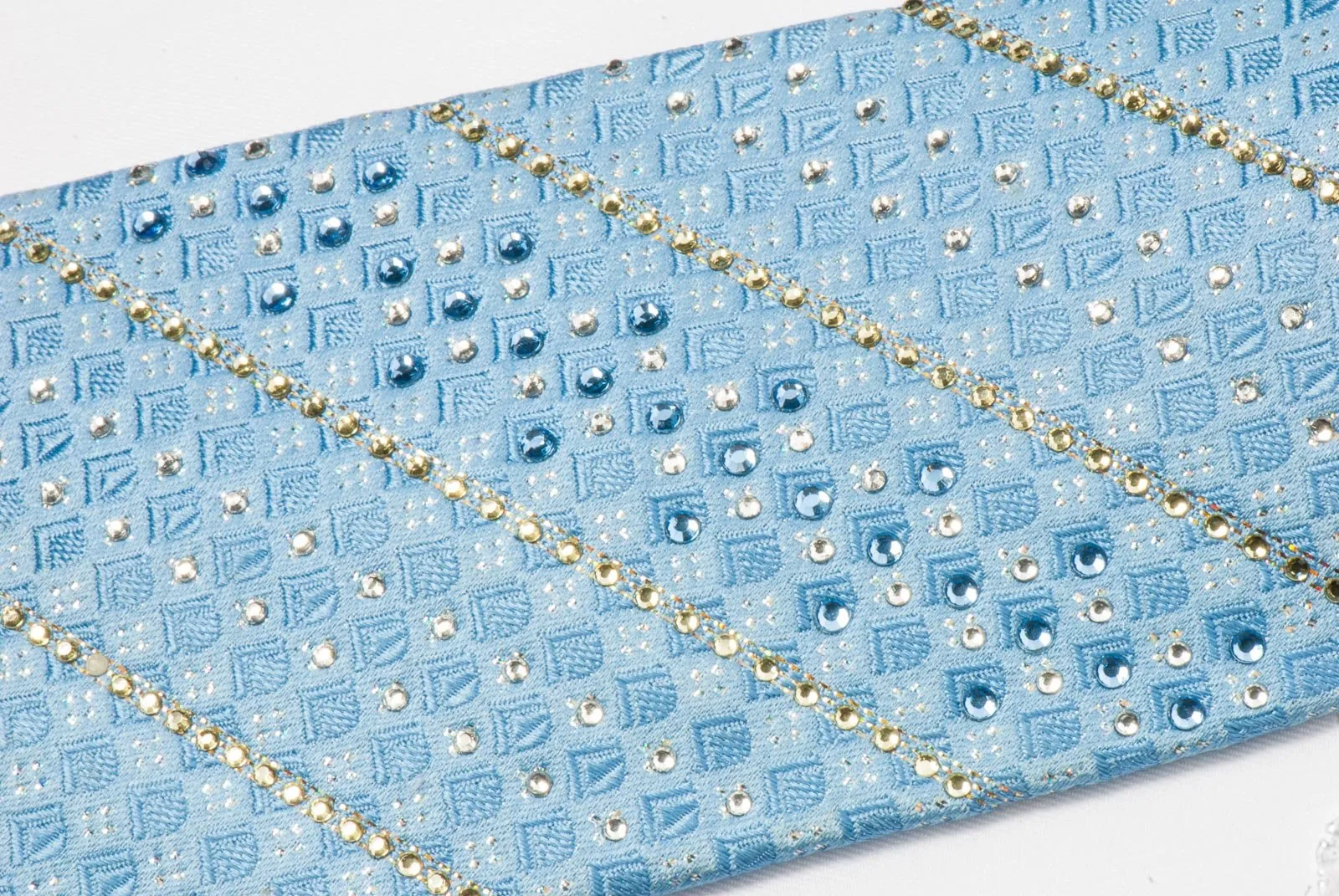 Elle Homme Men's Silk Necktie Striped Rhinestones On Blue With Silver Sparkles
