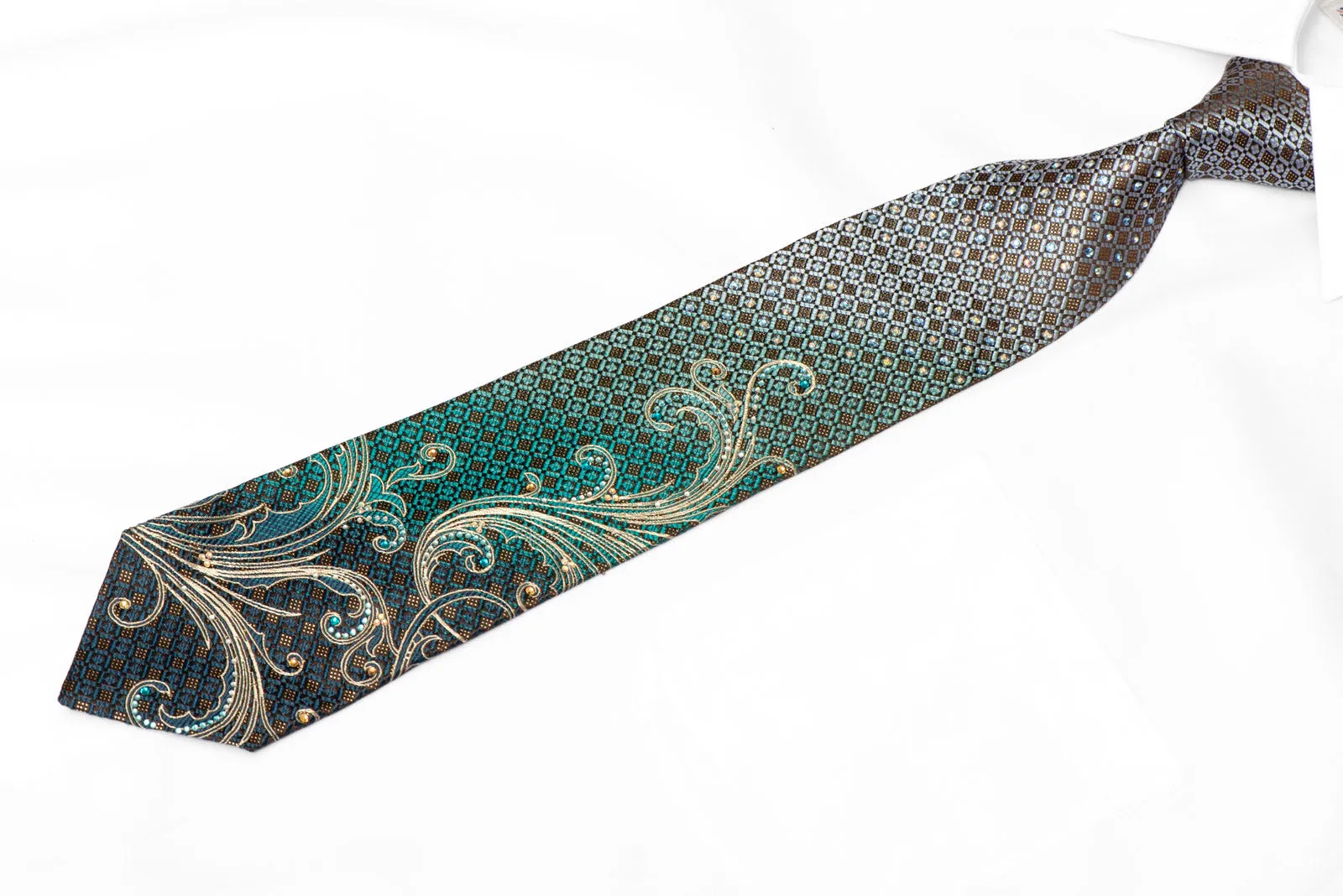 Gold Scrolls Teal Geometric On Brown Rhinestone Tie With Sparkles