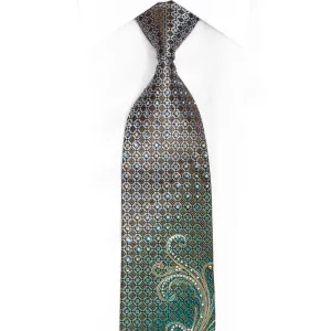 Gold Scrolls Teal Geometric On Brown Rhinestone Tie With Sparkles