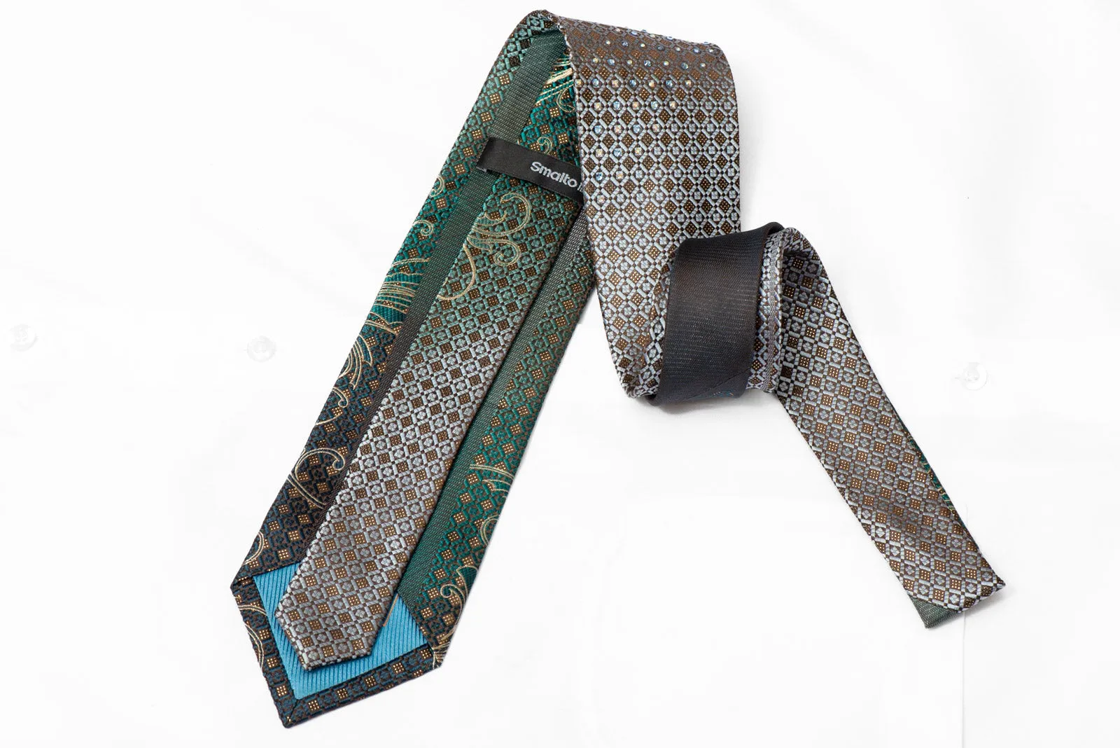 Gold Scrolls Teal Geometric On Brown Rhinestone Tie With Sparkles