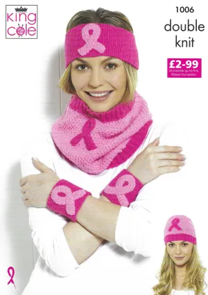 King Cole 1006 KC Pink Ribbon Headbands, Wristbands & Cowl DK Knitting Pattern