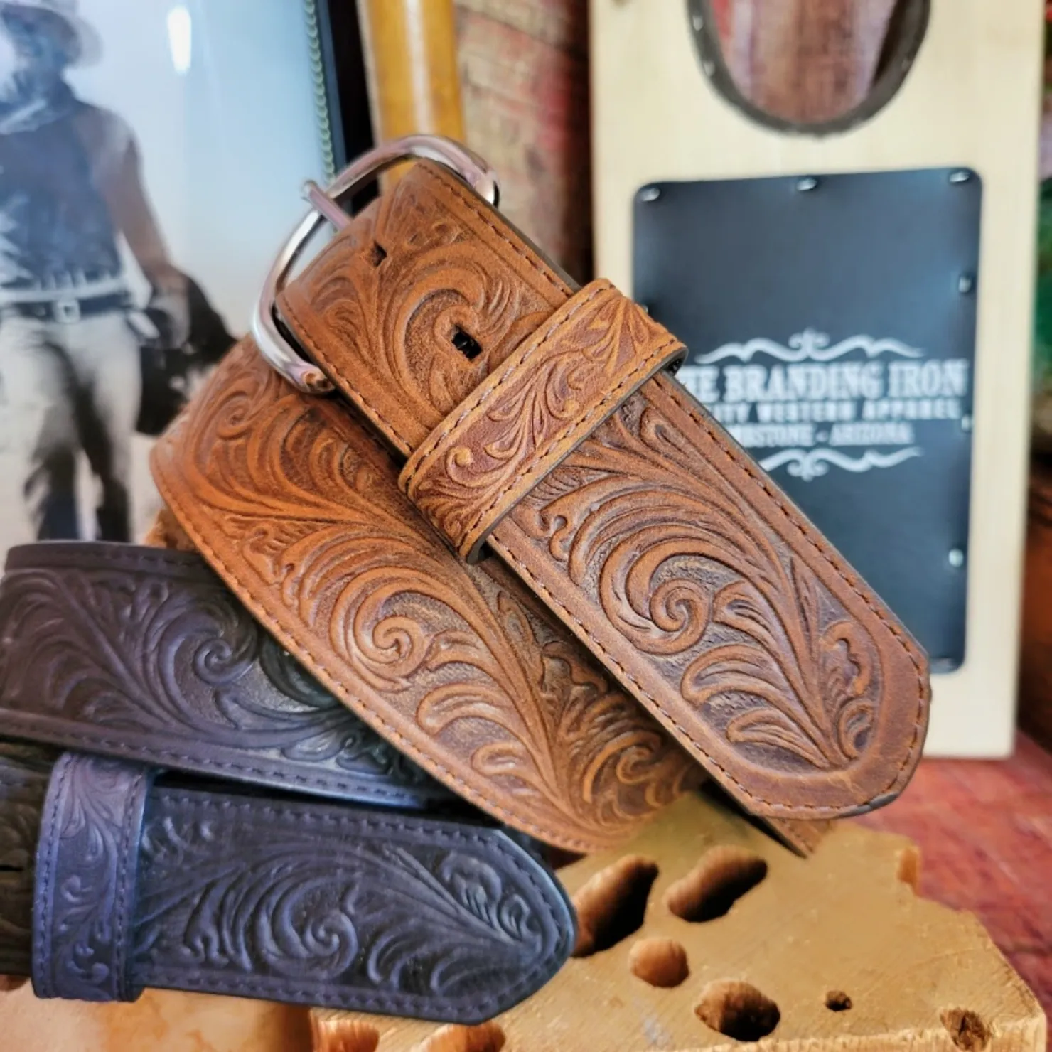 Leather Belt, the "Western Scroll" by Justin 53903/53909 Made in the USA