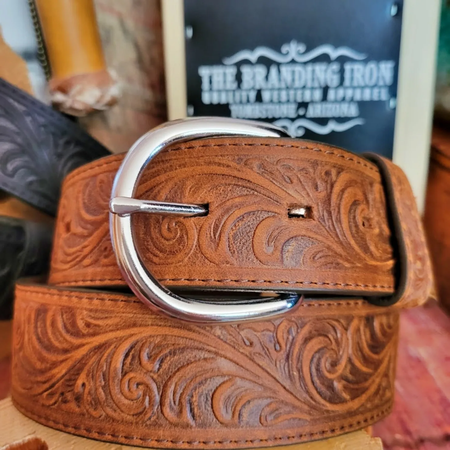 Leather Belt, the "Western Scroll" by Justin 53903/53909 Made in the USA