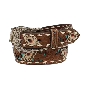 M&F Women's Ariat Floral Pierced Lacing Brown Belt