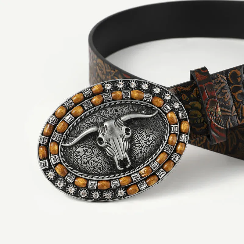 Men's Wooden Beads Carving Bull Head Leather Belt