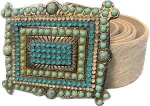 (N)INE White Leather Belt with Turquoise Belt Buckle (PREOWNED)