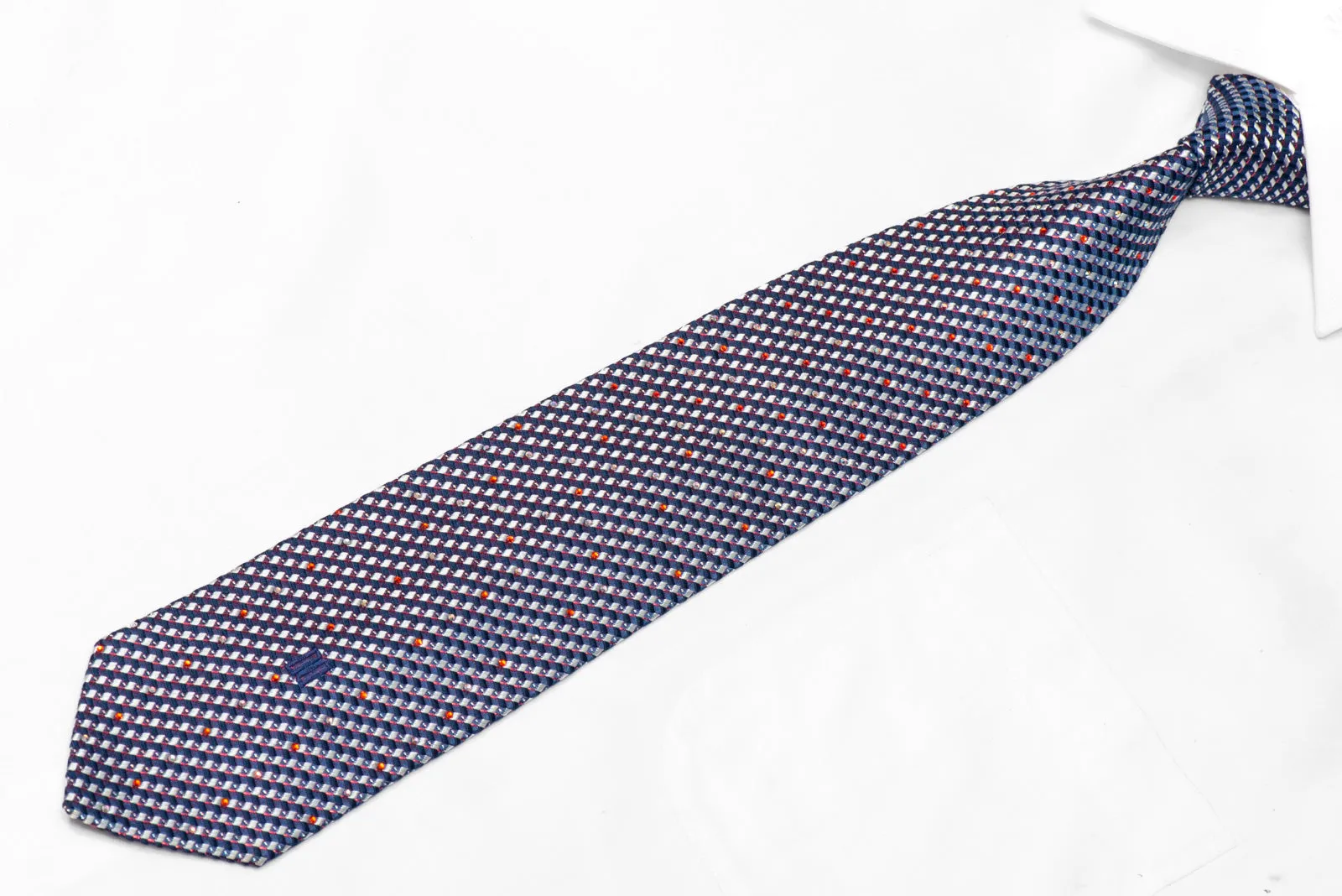 Silver Blue Geometric Design Rhinestone Silk Necktie With Silver Sparkles