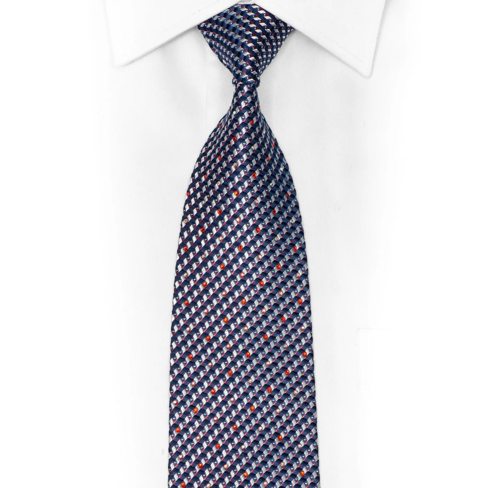 Silver Blue Geometric Design Rhinestone Silk Necktie With Silver Sparkles