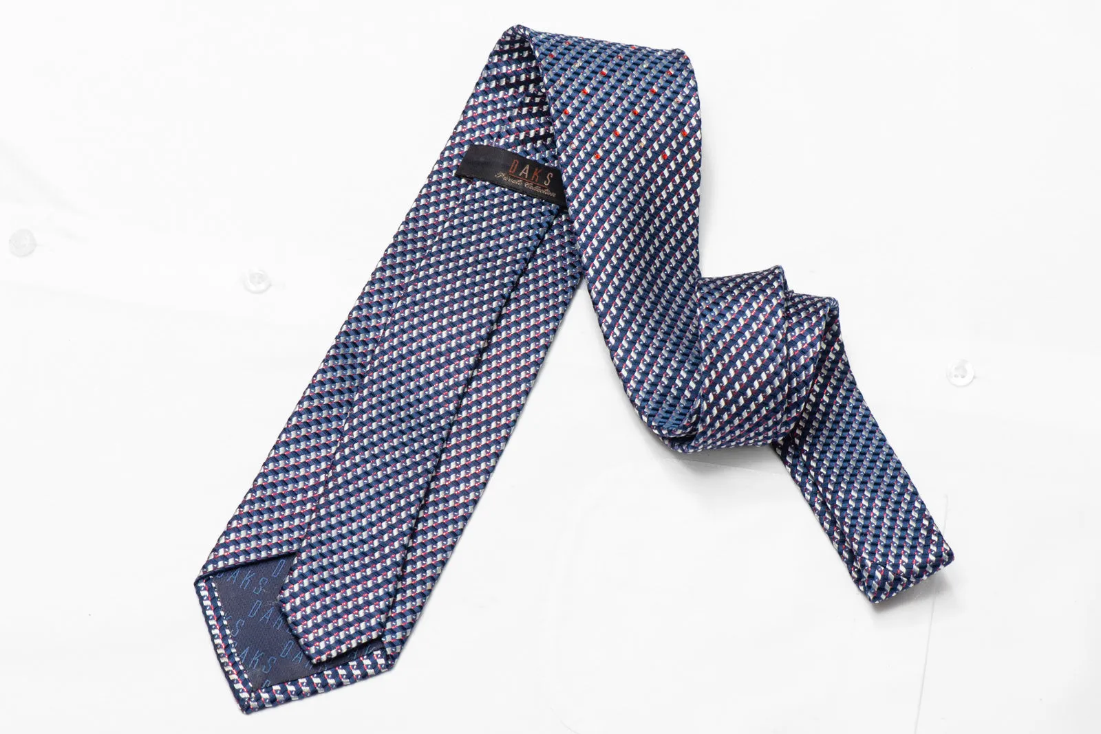 Silver Blue Geometric Design Rhinestone Silk Necktie With Silver Sparkles