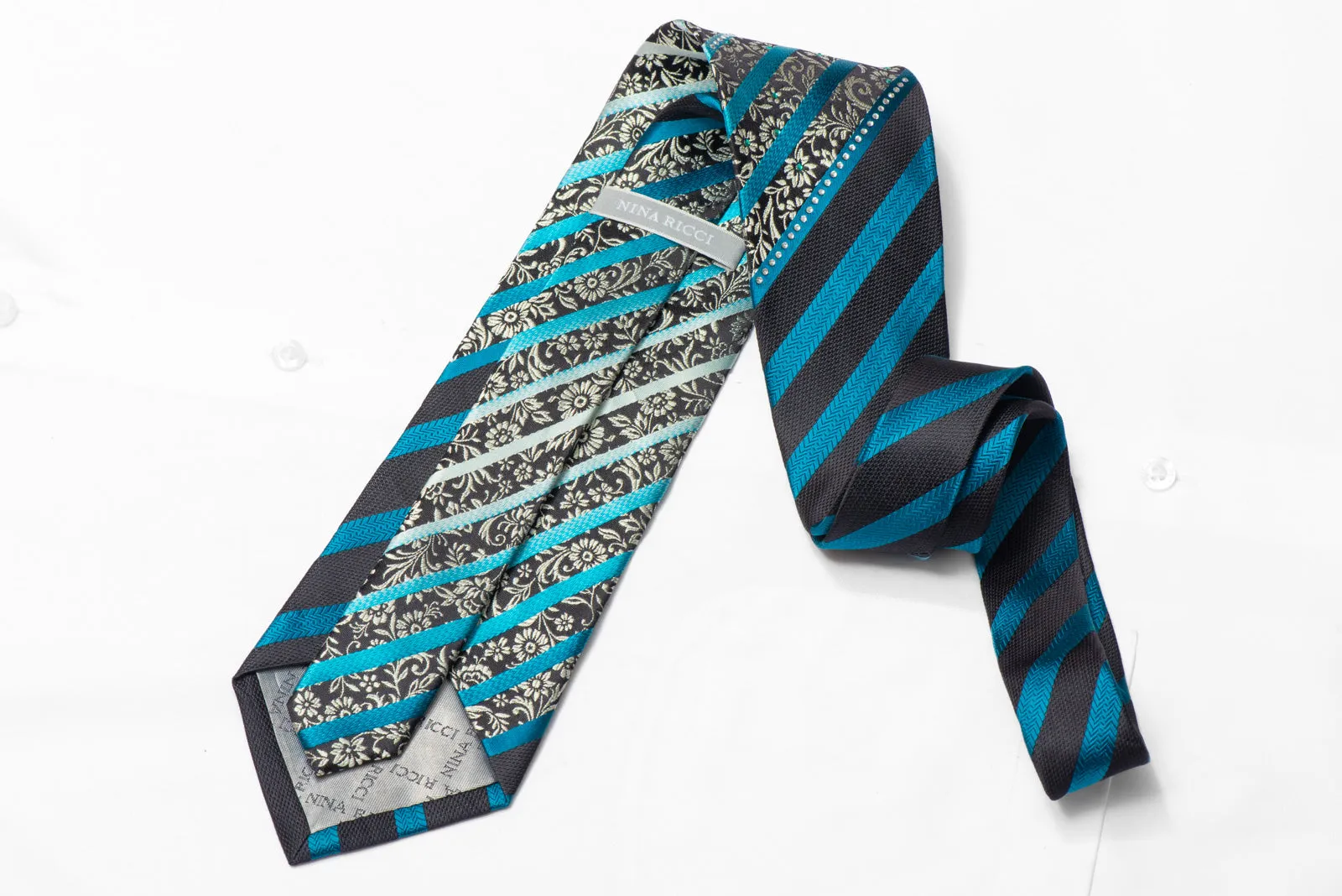 Silver Blue Striped & Floral On Black Silk Rhinestone Silk Necktie With Silver Sparkles