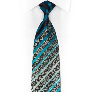 Silver Blue Striped & Floral On Black Silk Rhinestone Silk Necktie With Silver Sparkles