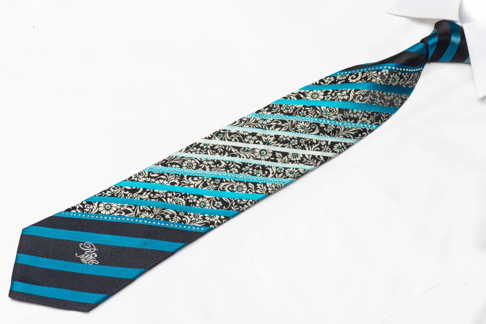 Silver Blue Striped & Floral On Black Silk Rhinestone Silk Necktie With Silver Sparkles