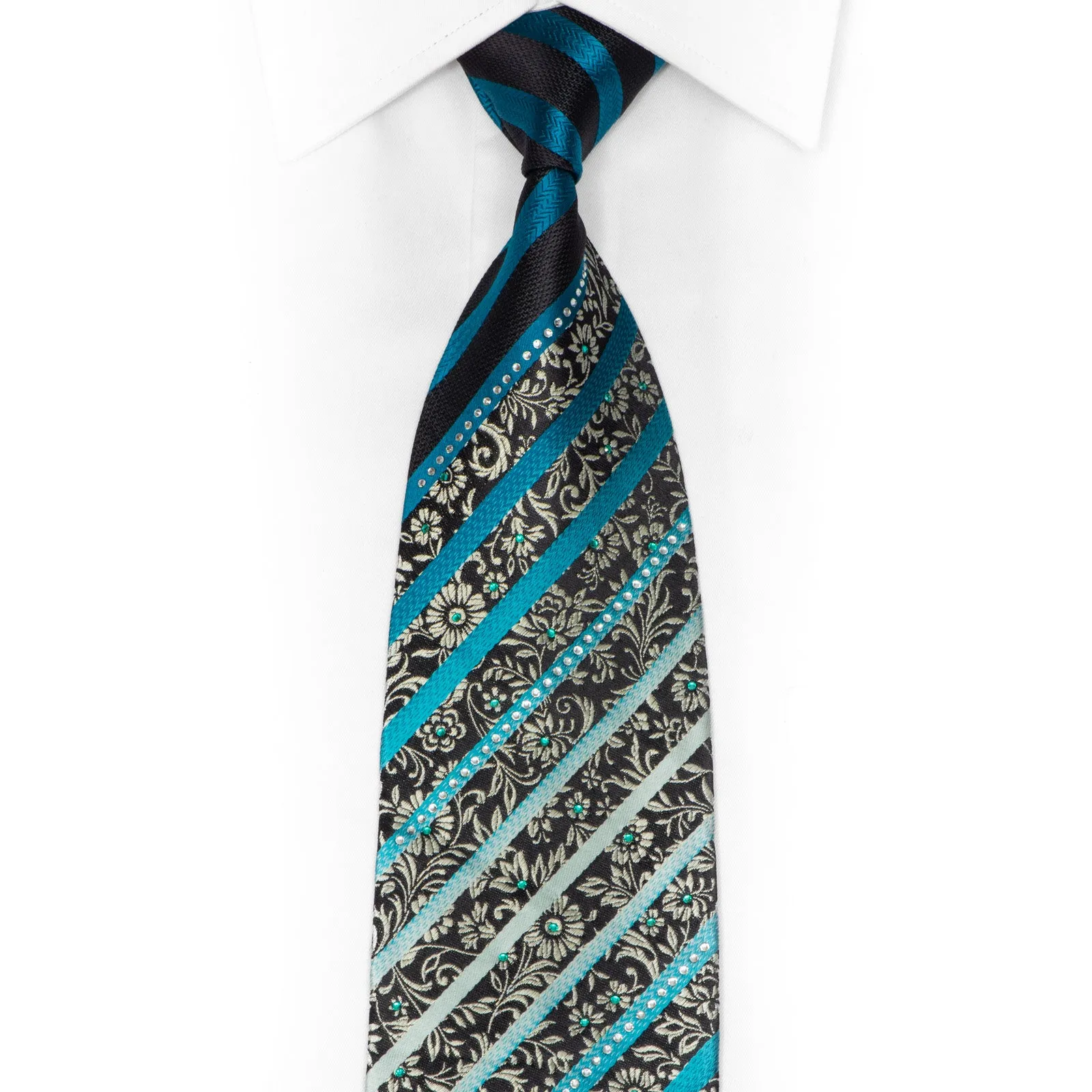 Silver Blue Striped & Floral On Black Silk Rhinestone Silk Necktie With Silver Sparkles