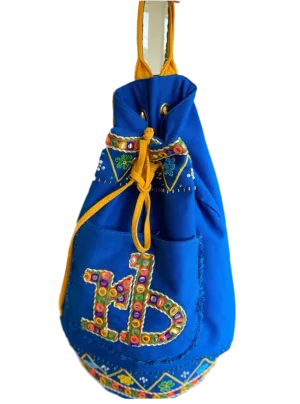 Vintage Rocco Barocco boho backpack, colorful canvas backpack. Blue drawstring backpack